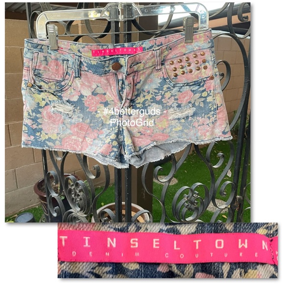 Tinseltown Denim Couture Distressed Floral Shorts Embellished Cooper Accent Sz 5 - Picture 1 of 15